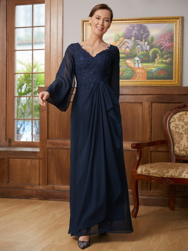 Jade A-Line/Princess Chiffon Applique V-neck Long Sleeves Floor-Length Mother of the Bride Dresses DSP0020335