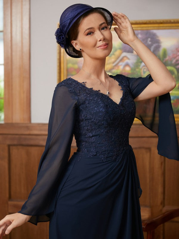 Jade A-Line/Princess Chiffon Applique V-neck Long Sleeves Floor-Length Mother of the Bride Dresses DSP0020335