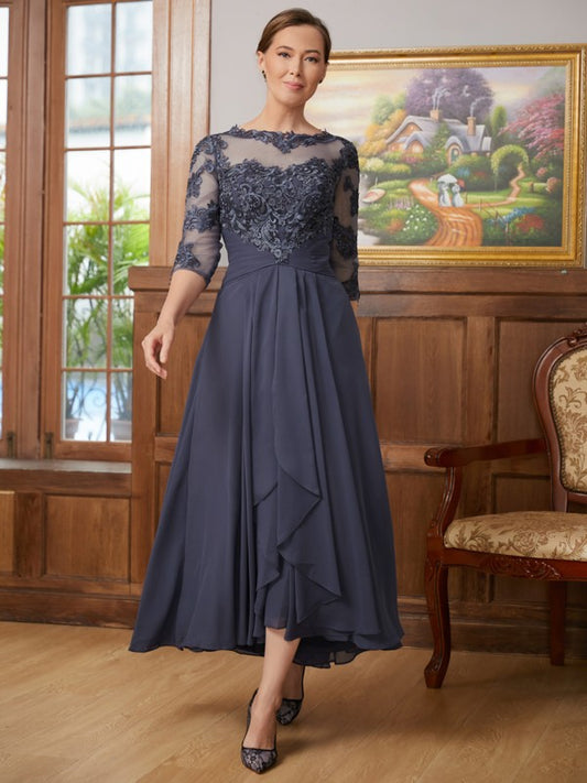 Stella A-Line/Princess Chiffon Applique Scoop 3/4 Sleeves Asymmetrical Mother of the Bride Dresses DSP0020346