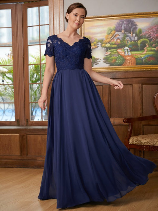 Jordin A-Line/Princess Chiffon Lace V-neck Short Sleeves Floor-Length Mother of the Bride Dresses DSP0020311