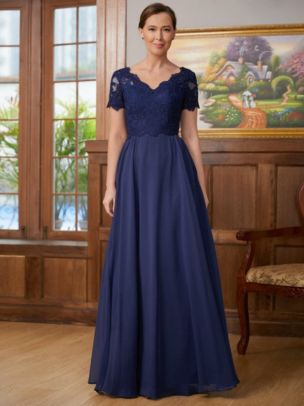 Jordin A-Line/Princess Chiffon Lace V-neck Short Sleeves Floor-Length Mother of the Bride Dresses DSP0020311