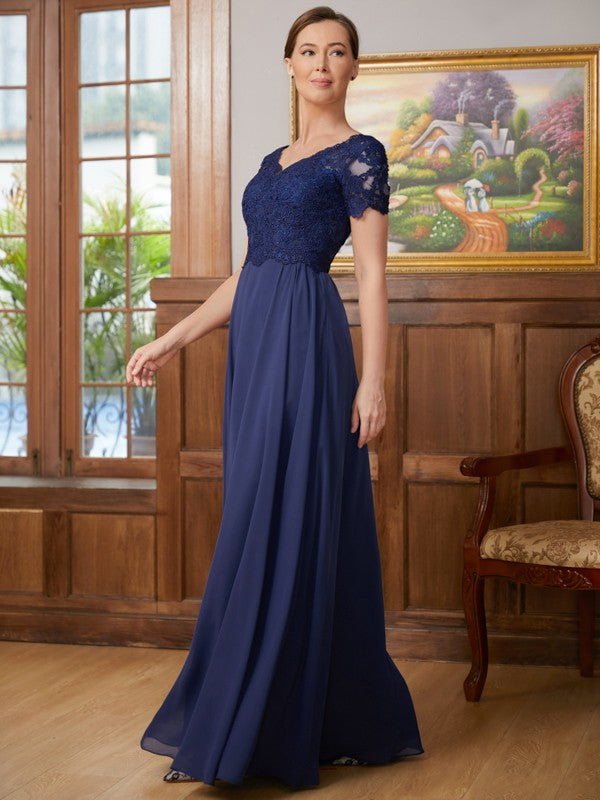 Jordin A-Line/Princess Chiffon Lace V-neck Short Sleeves Floor-Length Mother of the Bride Dresses DSP0020311