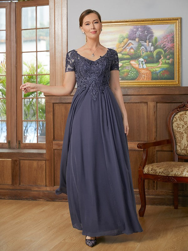 Abigayle A-Line/Princess Chiffon Applique V-neck Short Sleeves Floor-Length Mother of the Bride Dresses DSP0020337