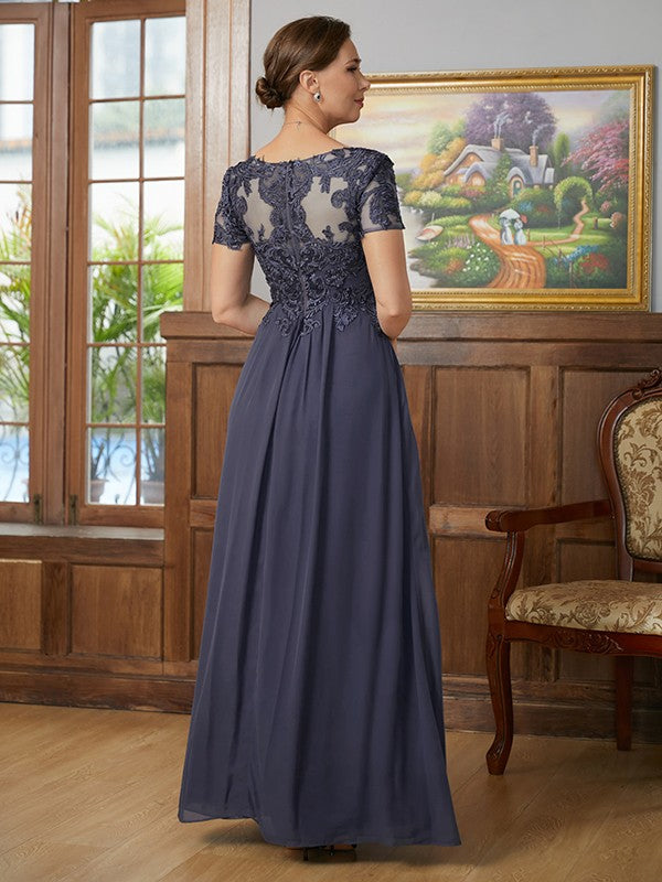 Abigayle A-Line/Princess Chiffon Applique V-neck Short Sleeves Floor-Length Mother of the Bride Dresses DSP0020337