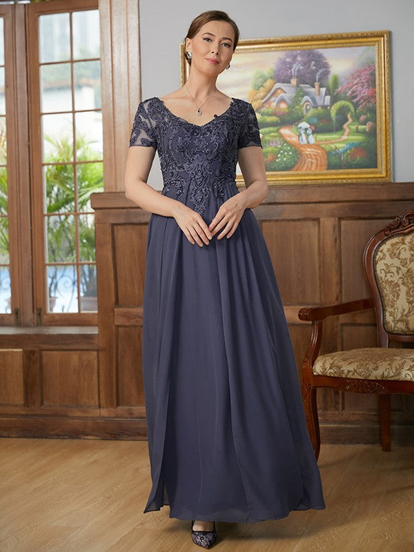 Abigayle A-Line/Princess Chiffon Applique V-neck Short Sleeves Floor-Length Mother of the Bride Dresses DSP0020337