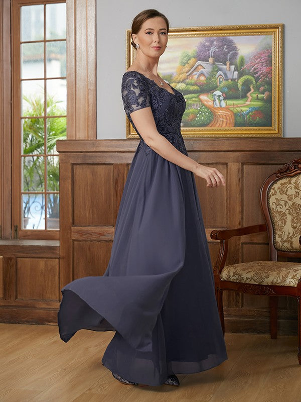 Abigayle A-Line/Princess Chiffon Applique V-neck Short Sleeves Floor-Length Mother of the Bride Dresses DSP0020337