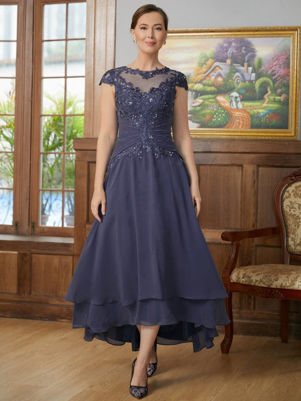 Ashanti A-Line/Princess Chiffon Applique Scoop Short Sleeves Asymmetrical Mother of the Bride Dresses DSP0020307