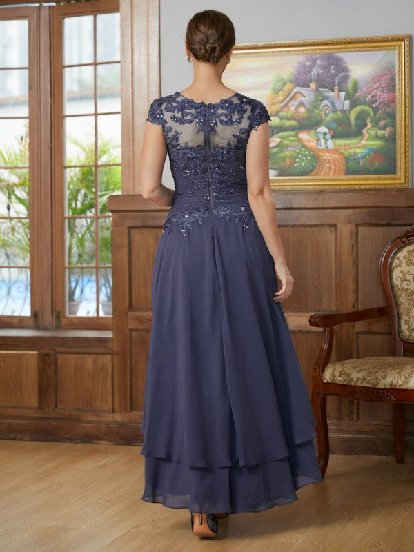 Ashanti A-Line/Princess Chiffon Applique Scoop Short Sleeves Asymmetrical Mother of the Bride Dresses DSP0020307