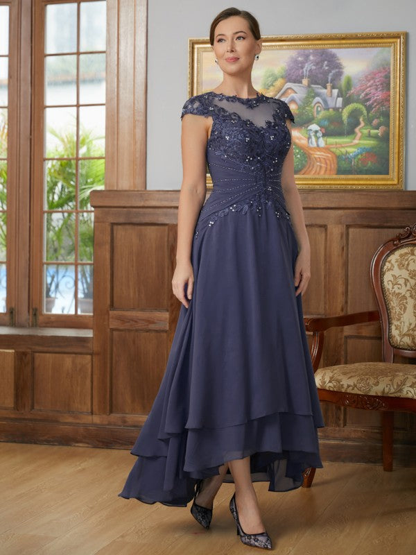 Ashanti A-Line/Princess Chiffon Applique Scoop Short Sleeves Asymmetrical Mother of the Bride Dresses DSP0020307