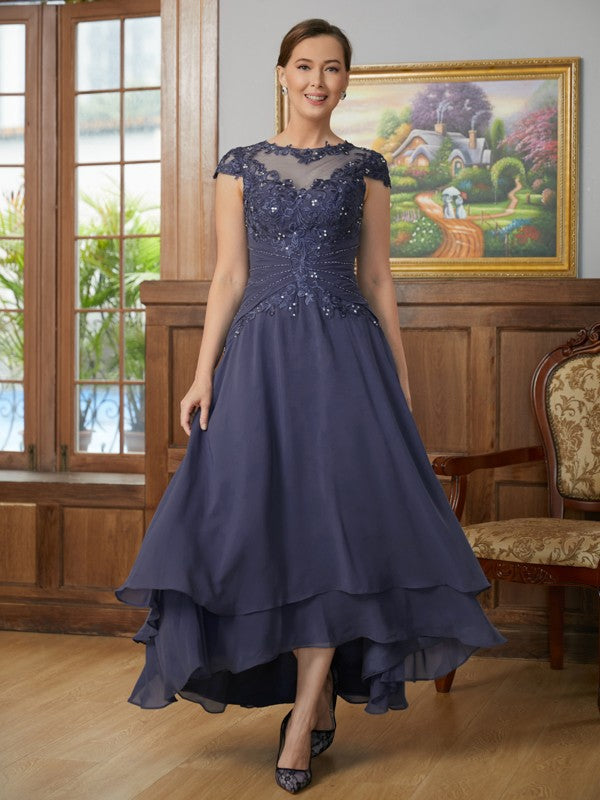 Ashanti A-Line/Princess Chiffon Applique Scoop Short Sleeves Asymmetrical Mother of the Bride Dresses DSP0020307