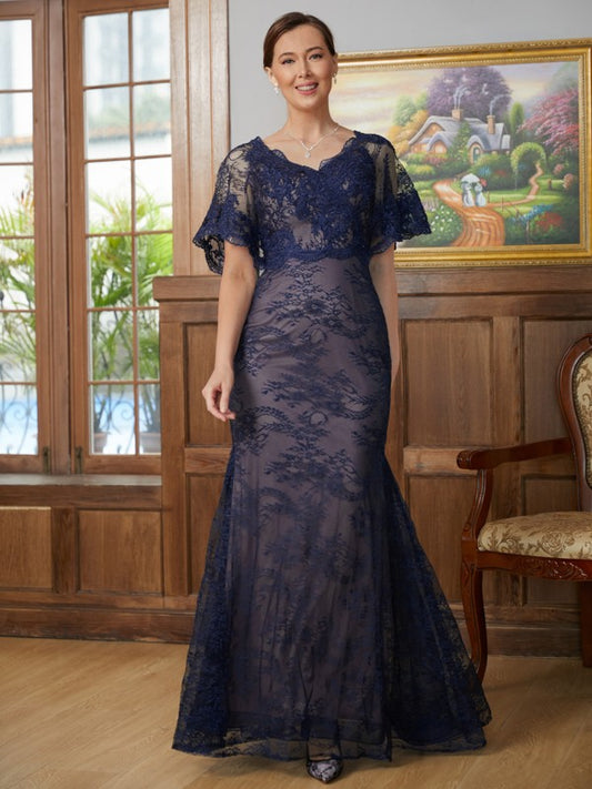 Uerica Sheath/Column Silk like Satin Lace V-neck Short Sleeves Floor-Length Mother of the Bride Dresses DSP0020338