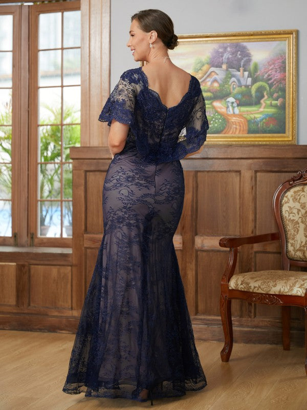 Uerica Sheath/Column Silk like Satin Lace V-neck Short Sleeves Floor-Length Mother of the Bride Dresses DSP0020338