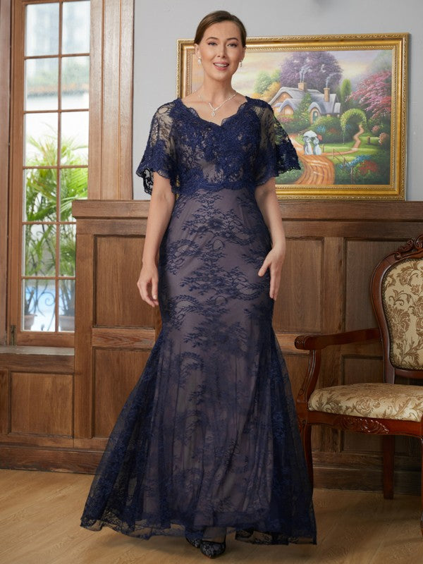 Uerica Sheath/Column Silk like Satin Lace V-neck Short Sleeves Floor-Length Mother of the Bride Dresses DSP0020338