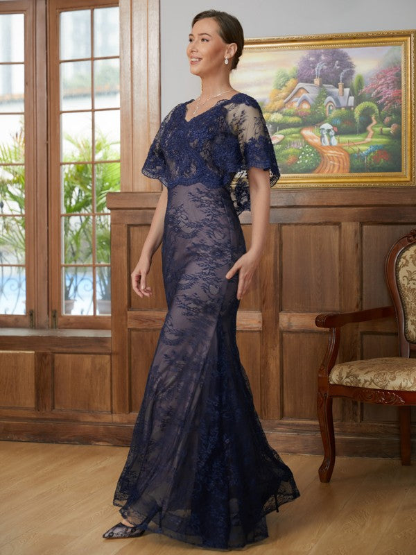 Uerica Sheath/Column Silk like Satin Lace V-neck Short Sleeves Floor-Length Mother of the Bride Dresses DSP0020338