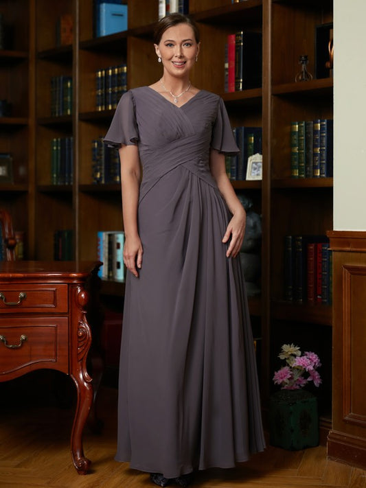 Angeline A-Line/Princess Chiffon Ruched V-neck Short Sleeves Floor-Length Mother of the Bride Dresses DSP0020304