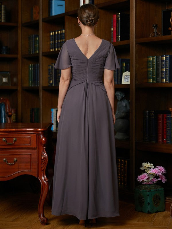 Angeline A-Line/Princess Chiffon Ruched V-neck Short Sleeves Floor-Length Mother of the Bride Dresses DSP0020304