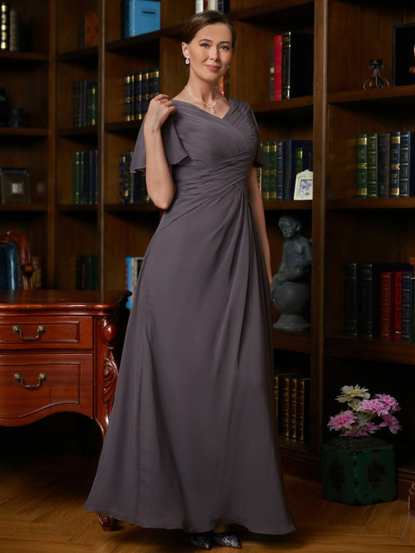 Angeline A-Line/Princess Chiffon Ruched V-neck Short Sleeves Floor-Length Mother of the Bride Dresses DSP0020304