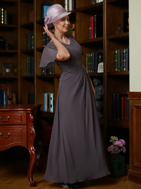 Angeline A-Line/Princess Chiffon Ruched V-neck Short Sleeves Floor-Length Mother of the Bride Dresses DSP0020304