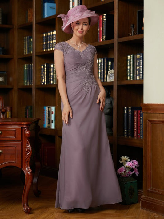 Cheyanne Sheath/Column Chiffon Lace V-neck Short Sleeves Floor-Length Mother of the Bride Dresses DSP0020339