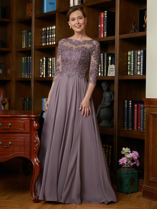 Brooke A-Line/Princess Chiffon Lace Scoop 3/4 Sleeves Floor-Length Mother of the Bride Dresses DSP0020301