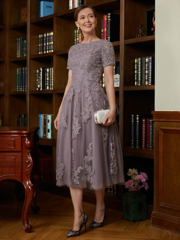 Estrella A-Line/Princess Chiffon Lace Scoop Short Sleeves Tea-Length Mother of the Bride Dresses DSP0020302