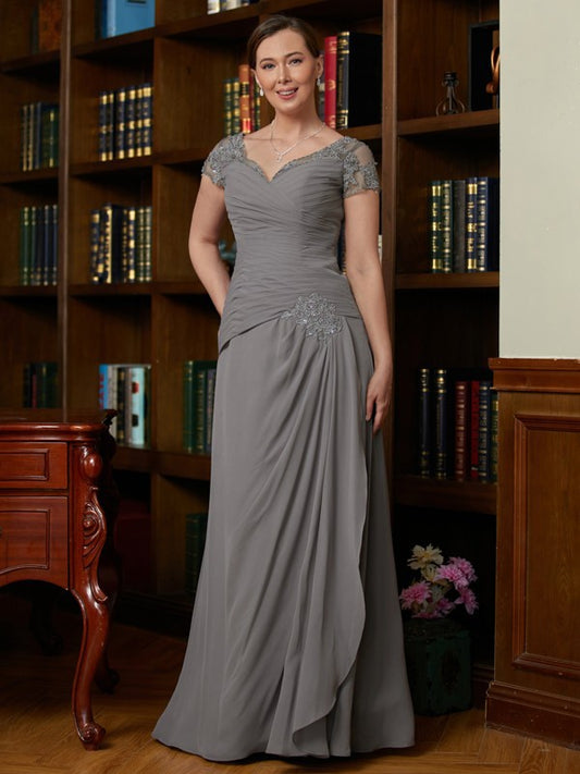 Nova A-Line/Princess Chiffon Applique Sweetheart Short Sleeves Floor-Length Mother of the Bride Dresses DSP0020328