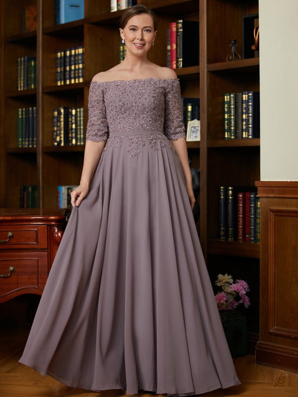 Carlie A-Line/Princess Chiffon Applique Off-the-Shoulder 3/4 Sleeves Floor-Length Mother of the Bride Dresses DSP0020308