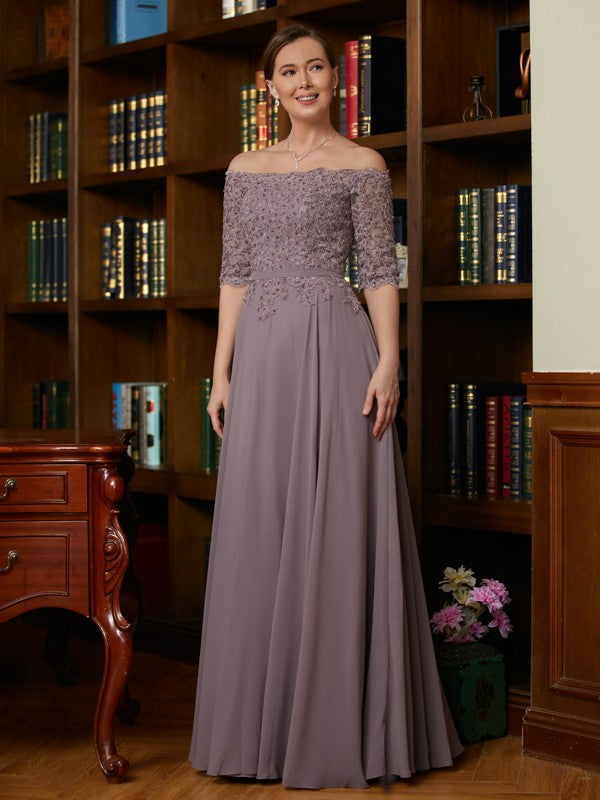 Carlie A-Line/Princess Chiffon Applique Off-the-Shoulder 3/4 Sleeves Floor-Length Mother of the Bride Dresses DSP0020308