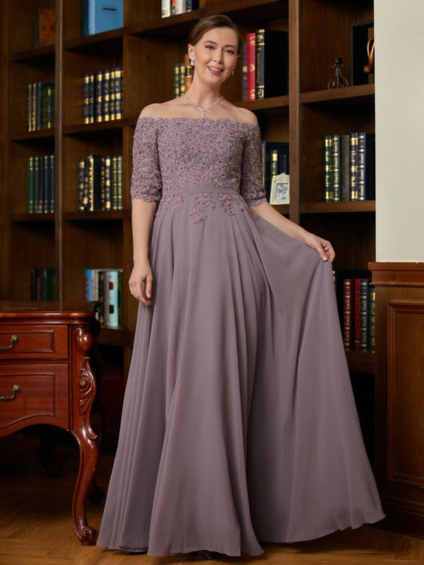 Carlie A-Line/Princess Chiffon Applique Off-the-Shoulder 3/4 Sleeves Floor-Length Mother of the Bride Dresses DSP0020308