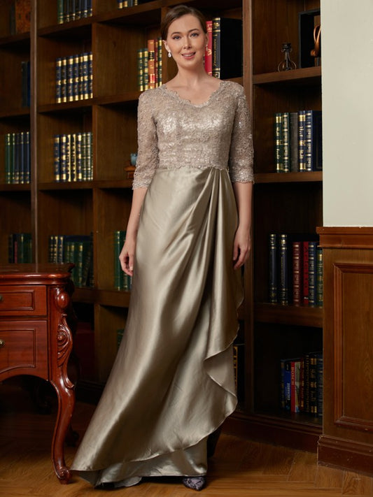 Setlla A-Line/Princess Silk Like Satin Lace V-neck 3/4 Sleeves Sweep/Brush Train Mother of the Bride Dresses DSP0020342