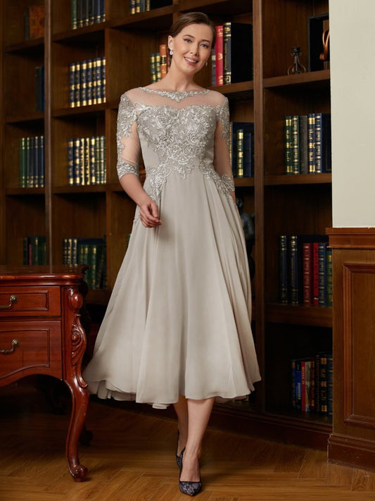 Caroline A-Line/Princess Chiffon Lace Scoop 3/4 Sleeves Tea-Length Mother of the Bride Dresses DSP0020300