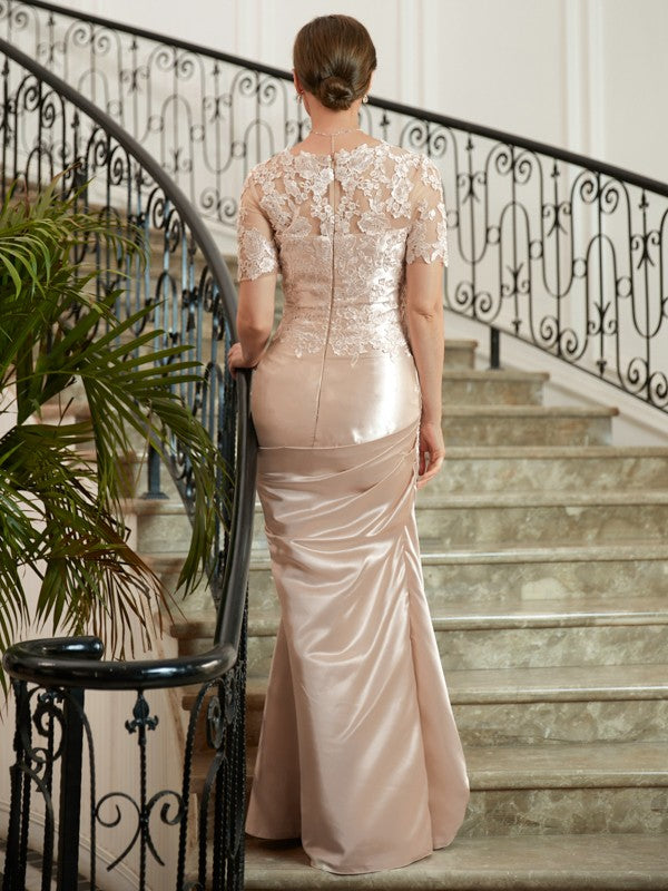 Jaqueline Sheath/Column Satin Lace Sweetheart Short Sleeves Floor-Length Mother of the Bride Dresses DSP0020314