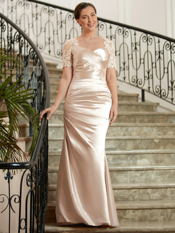 Jaqueline Sheath/Column Satin Lace Sweetheart Short Sleeves Floor-Length Mother of the Bride Dresses DSP0020314