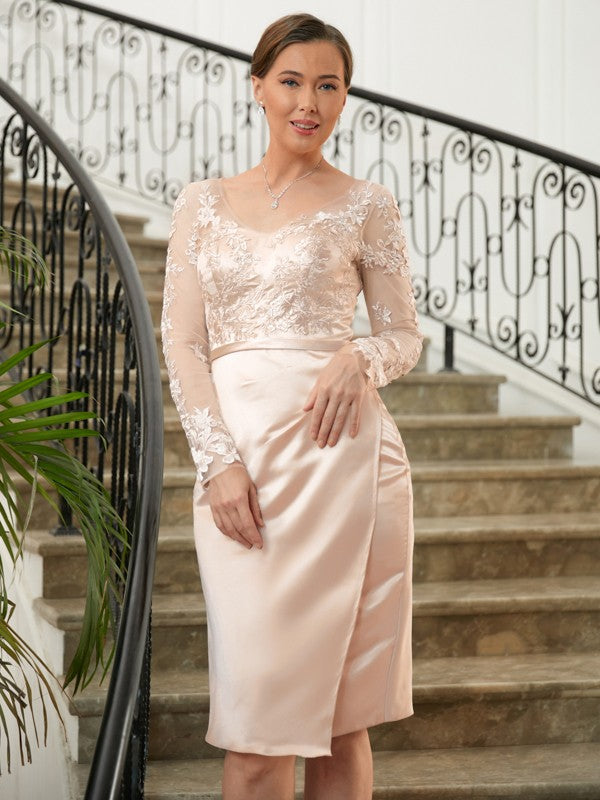 Maritza Sheath/Column Satin Lace V-neck Long Sleeves Knee-Length Mother of the Bride Dresses DSP0020359