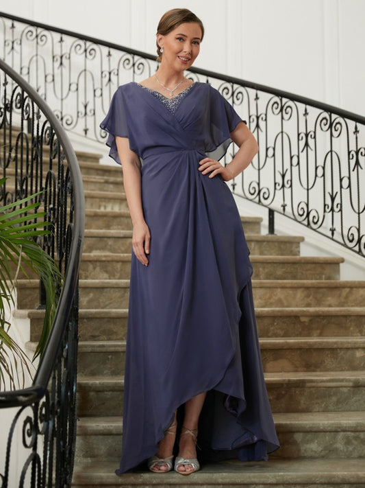 Leslie A-Line/Princess Chiffon Beading V-neck Short Sleeves Asymmetrical Mother of the Bride Dresses DSP0020312