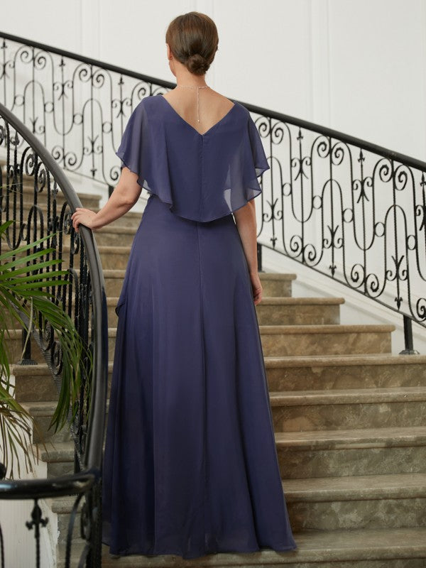 Leslie A-Line/Princess Chiffon Beading V-neck Short Sleeves Asymmetrical Mother of the Bride Dresses DSP0020312