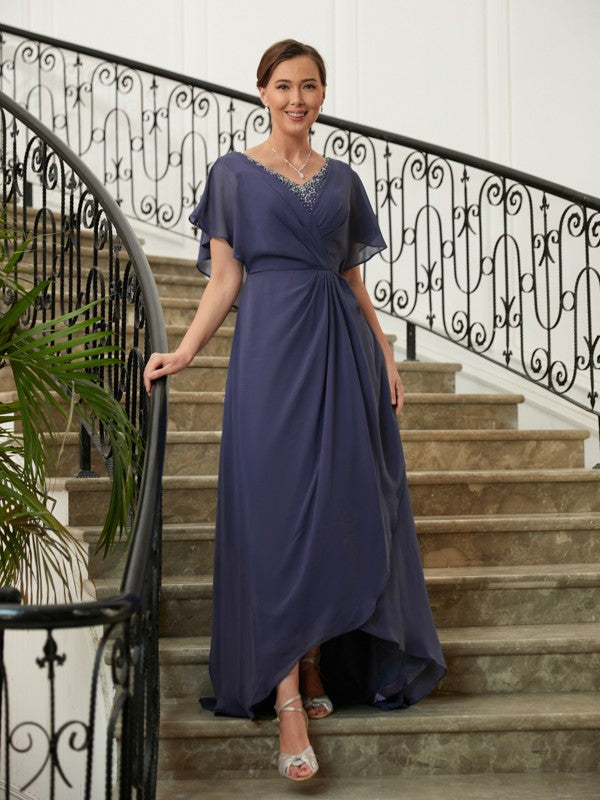 Leslie A-Line/Princess Chiffon Beading V-neck Short Sleeves Asymmetrical Mother of the Bride Dresses DSP0020312