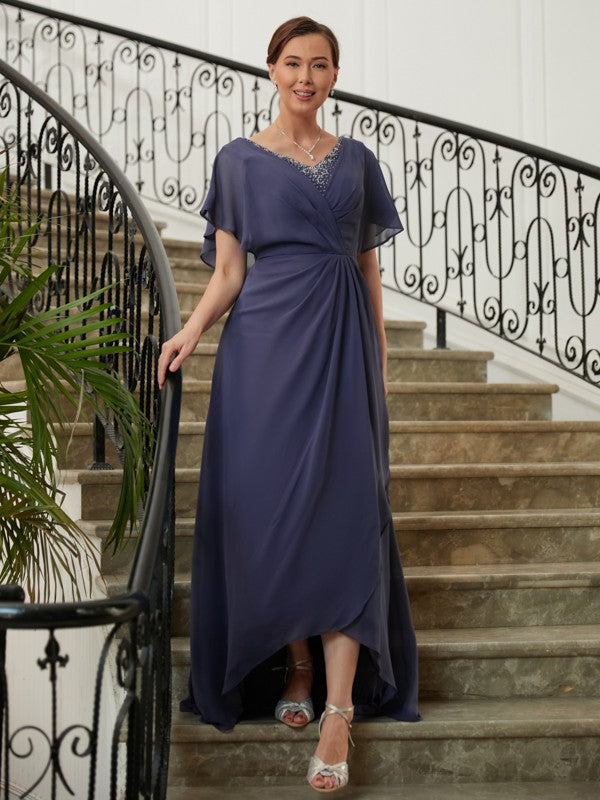 Leslie A-Line/Princess Chiffon Beading V-neck Short Sleeves Asymmetrical Mother of the Bride Dresses DSP0020312