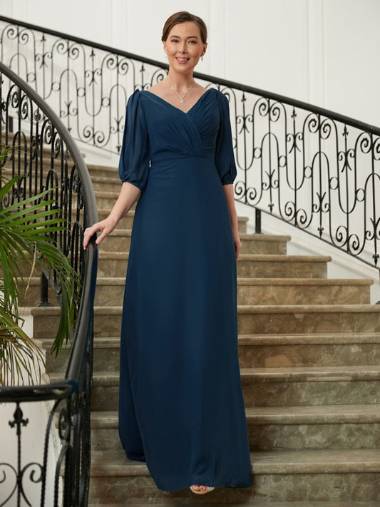 Michaela A-Line/Princess Chiffon Ruched V-neck 1/2 Sleeves Floor-Length Mother of the Bride Dresses DSP0020344