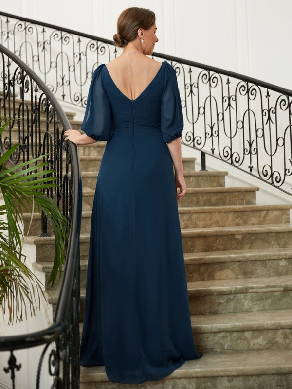 Michaela A-Line/Princess Chiffon Ruched V-neck 1/2 Sleeves Floor-Length Mother of the Bride Dresses DSP0020344