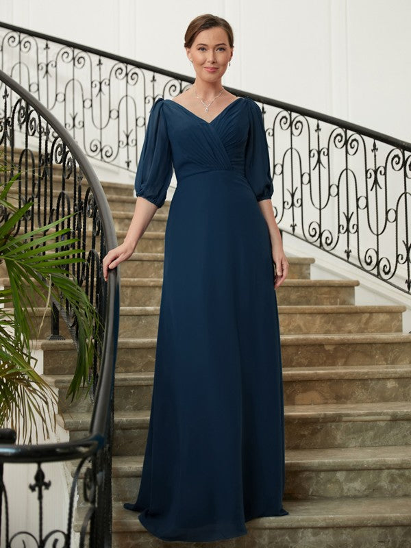 Michaela A-Line/Princess Chiffon Ruched V-neck 1/2 Sleeves Floor-Length Mother of the Bride Dresses DSP0020344