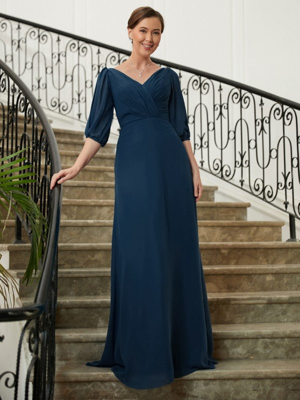 Michaela A-Line/Princess Chiffon Ruched V-neck 1/2 Sleeves Floor-Length Mother of the Bride Dresses DSP0020344