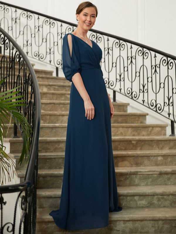 Michaela A-Line/Princess Chiffon Ruched V-neck 1/2 Sleeves Floor-Length Mother of the Bride Dresses DSP0020344