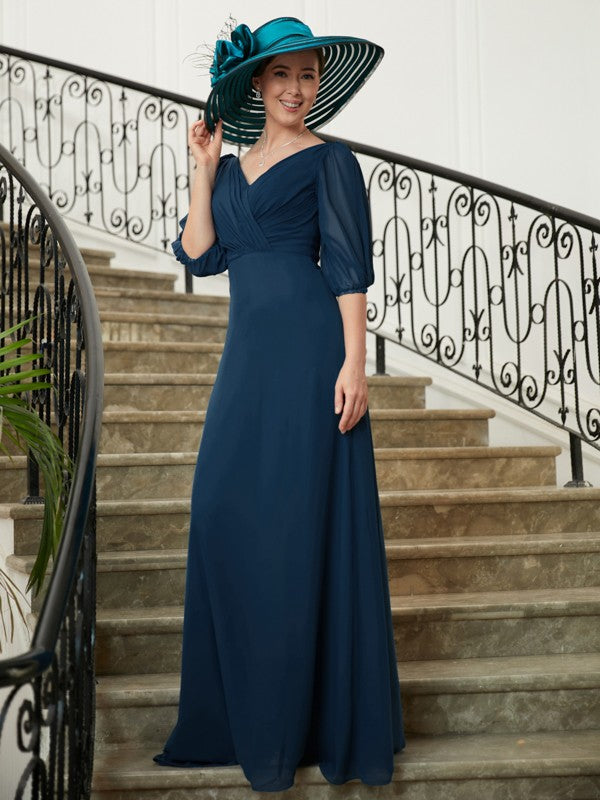 Michaela A-Line/Princess Chiffon Ruched V-neck 1/2 Sleeves Floor-Length Mother of the Bride Dresses DSP0020344