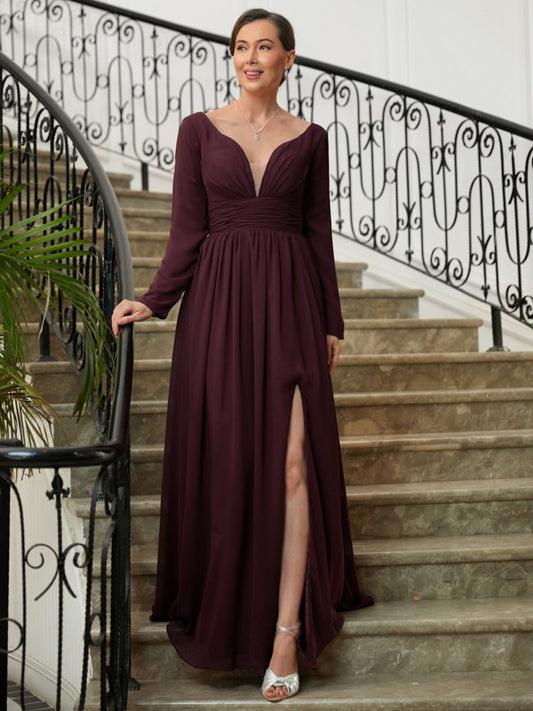 Madeline A-Line/Princess Chiffon Ruched V-neck Long Sleeves Floor-Length Mother of the Bride Dresses DSP0020345