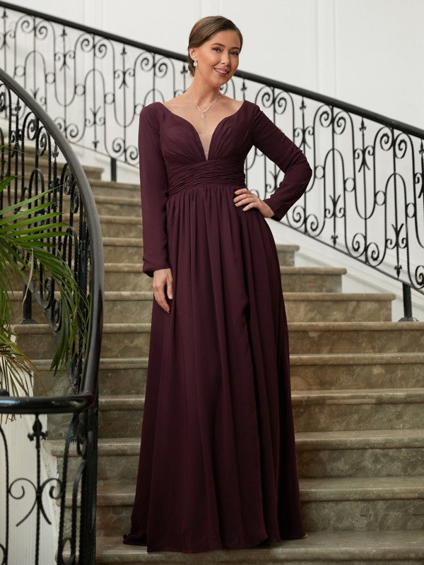 Madeline A-Line/Princess Chiffon Ruched V-neck Long Sleeves Floor-Length Mother of the Bride Dresses DSP0020345