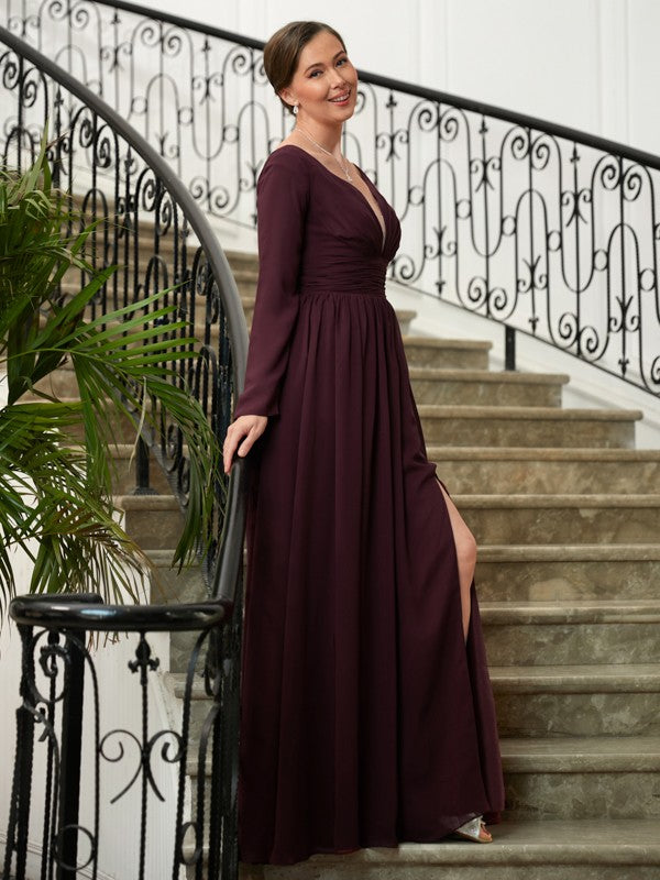 Madeline A-Line/Princess Chiffon Ruched V-neck Long Sleeves Floor-Length Mother of the Bride Dresses DSP0020345