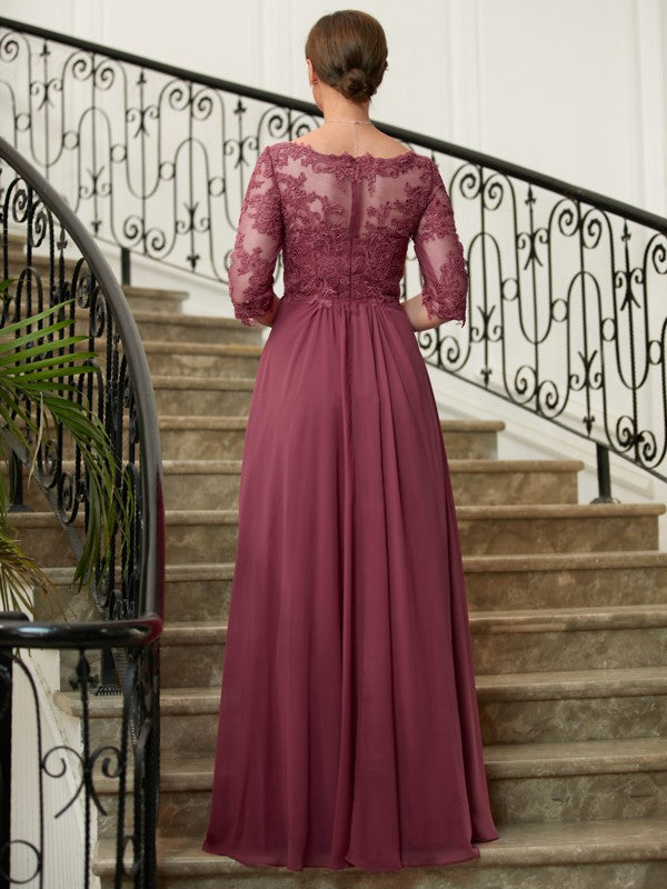 Mya A-Line/Princess Chiffon Lace V-neck 3/4 Sleeves Floor-Length Mother of the Bride Dresses DSP0020306