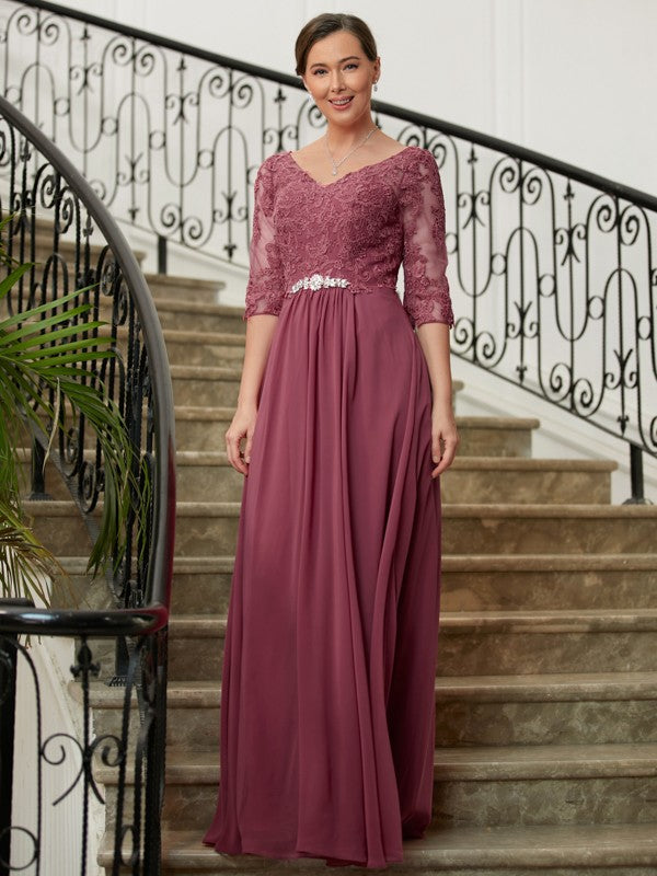 Mya A-Line/Princess Chiffon Lace V-neck 3/4 Sleeves Floor-Length Mother of the Bride Dresses DSP0020306