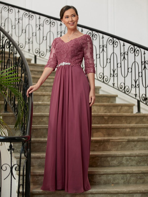 Mya A-Line/Princess Chiffon Lace V-neck 3/4 Sleeves Floor-Length Mother of the Bride Dresses DSP0020306